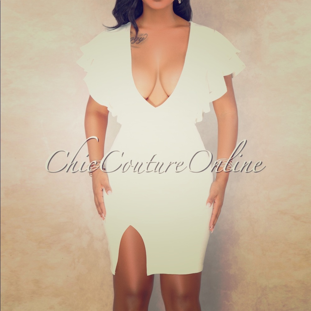 Off-White Ruffle Sleeves Slit Dress
